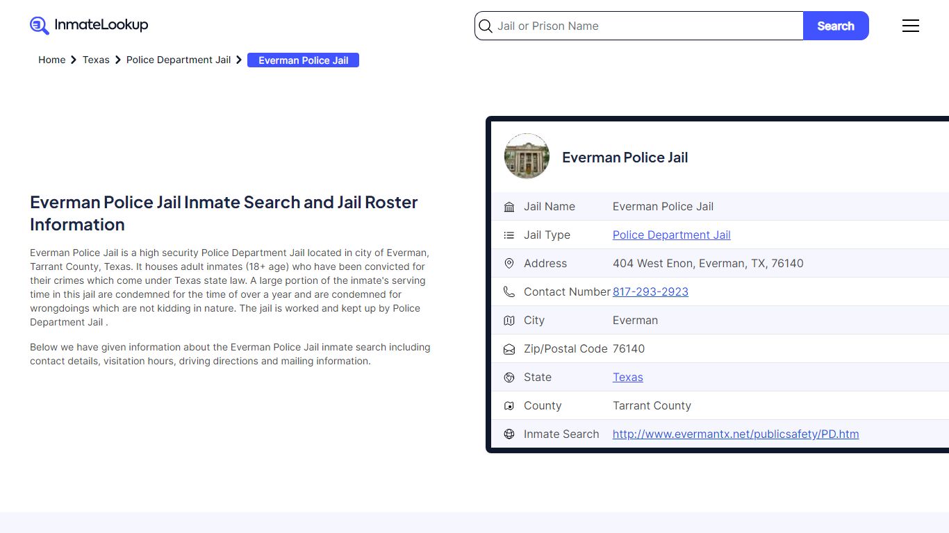 Everman Police Jail Inmate Search and Jail Roster Information